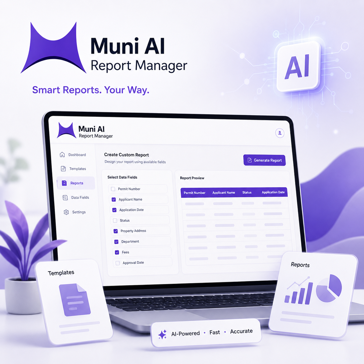 Muni AI Report Manager - template management, placeholder library, validation, generated report